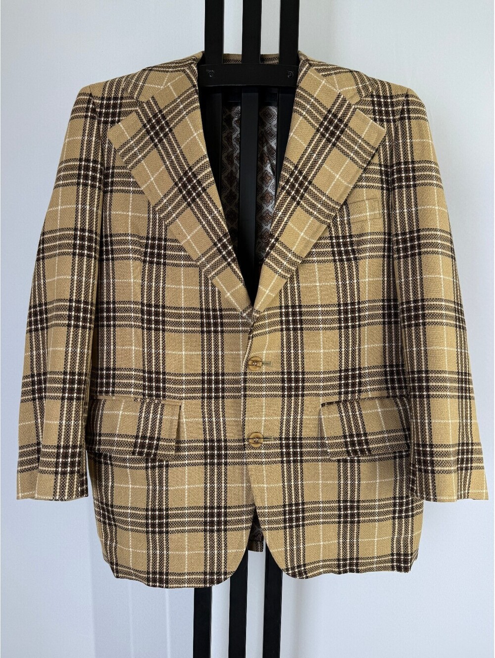 Vintage 70s Plaid Sport Coat Mens 38S Wool Blend Camel Brown Blazer Wide Lapel